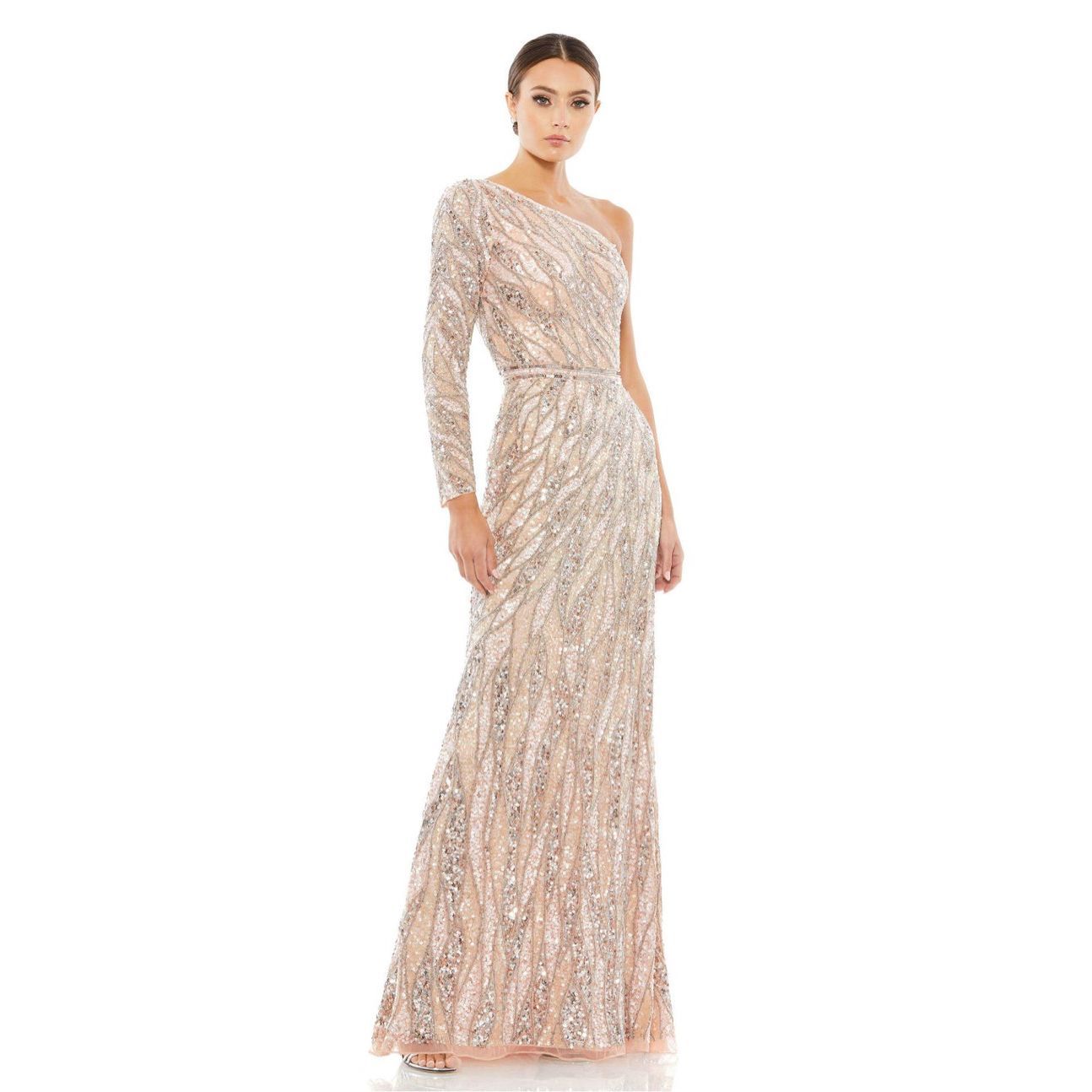 Mac Duggal Embellished One Sleeve Gown W/ Sequin Belt